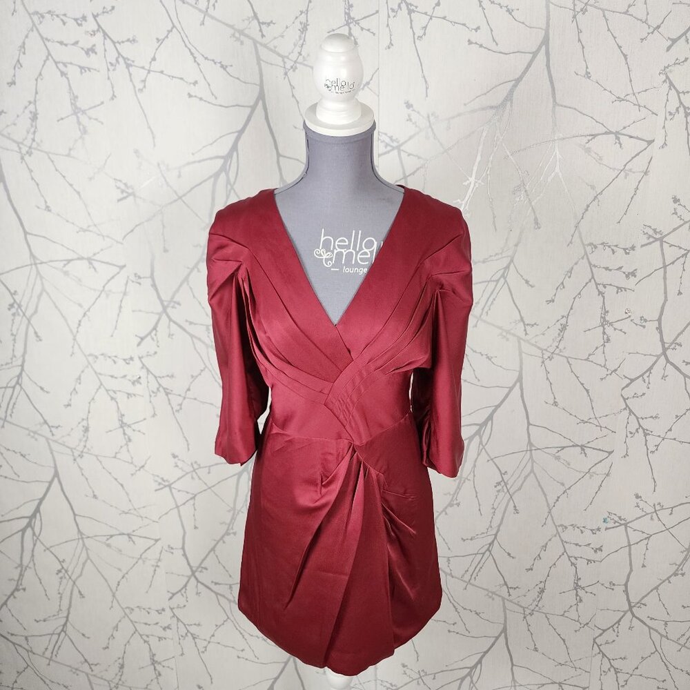 BCBGMaxAzria Runway Pink Red Pleated Twisted Satin Mini Dress